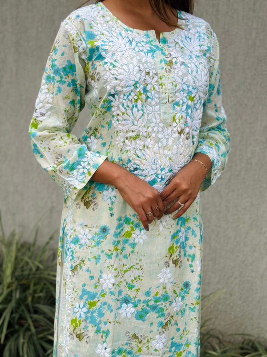 SARA Mul Kurti - Green Floral